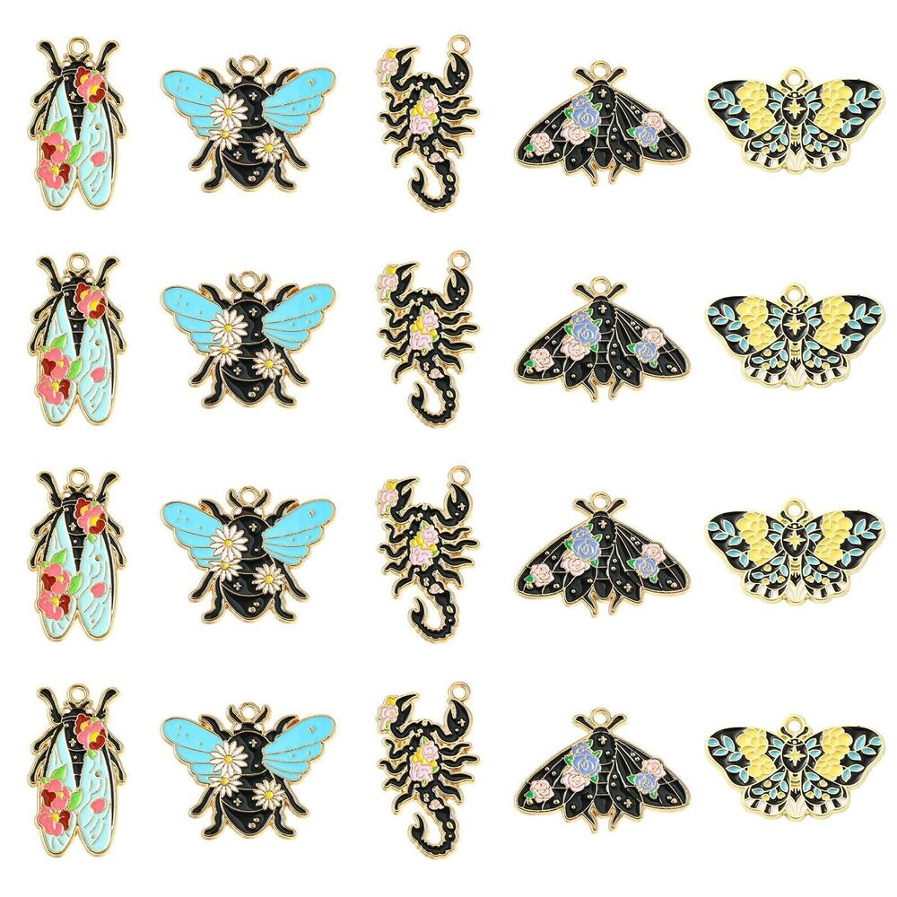 7925 20pcs 5 Styles Black Insect Charms - Flower, Scorpion, Cockroach, Moth